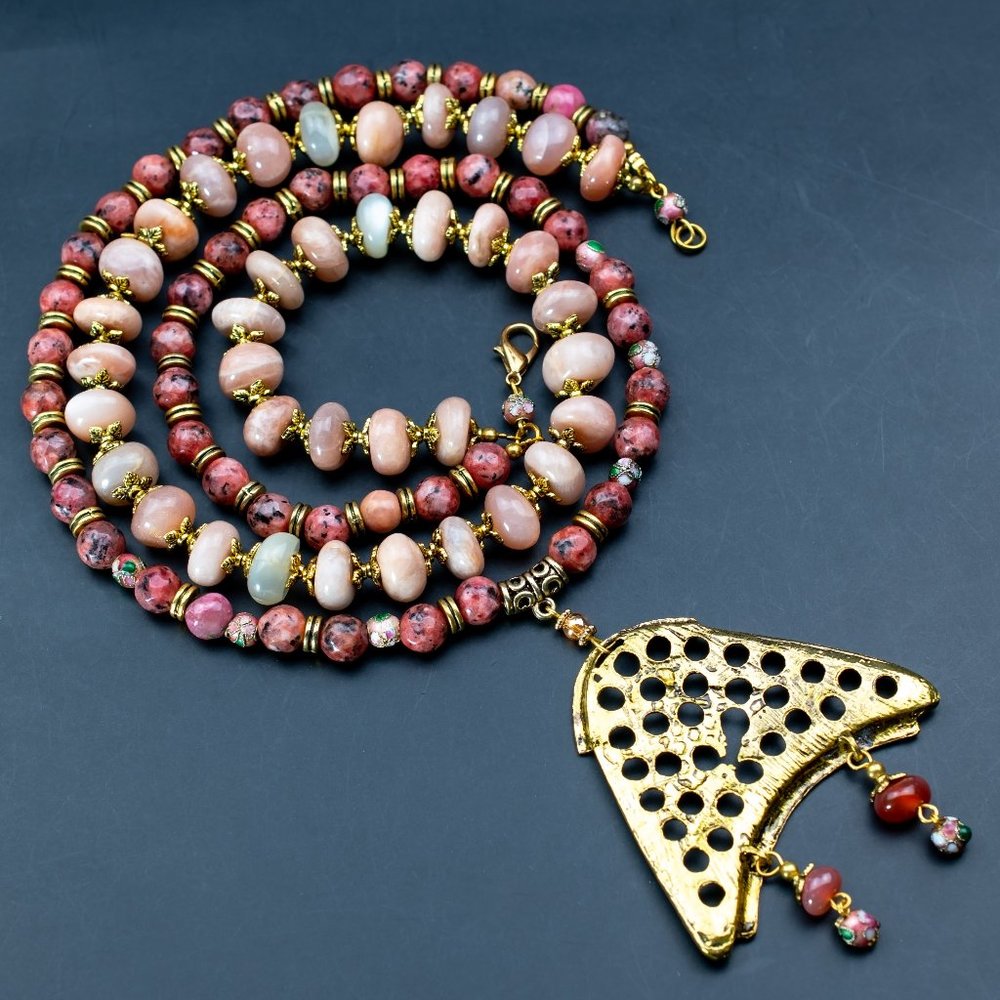 Unusual stone bead necklace bib, statement two row necklace, summer jewelry ooak